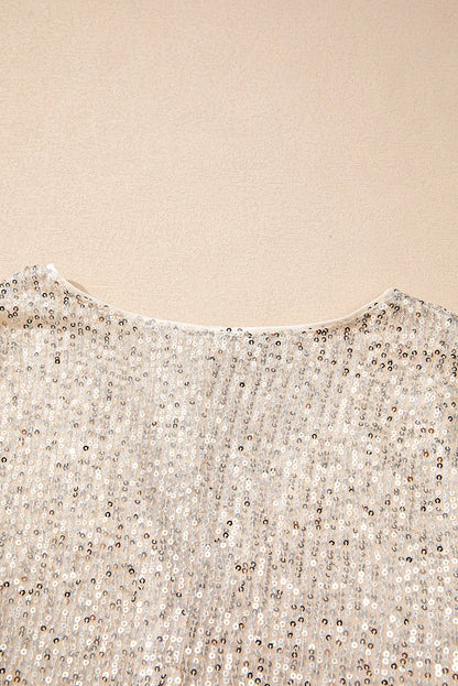 Beige Sequin Long Sleeve Wrap V Neck Bodysuit - Chic Meadow Boutique 