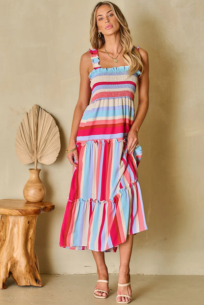 Red Stripe Ruffled Straps Smocked Tiered Long Dress - Chic Meadow Boutique 