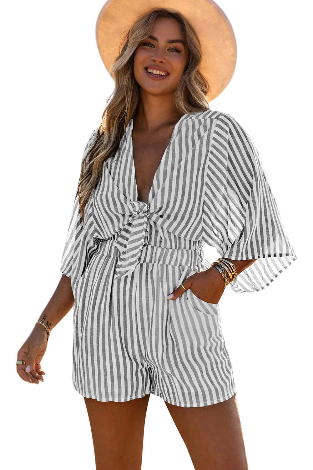 Gray 3/4 Wide Kimono Sleeves Tie Front Striped Romper with Pockets - Chic Meadow Boutique 