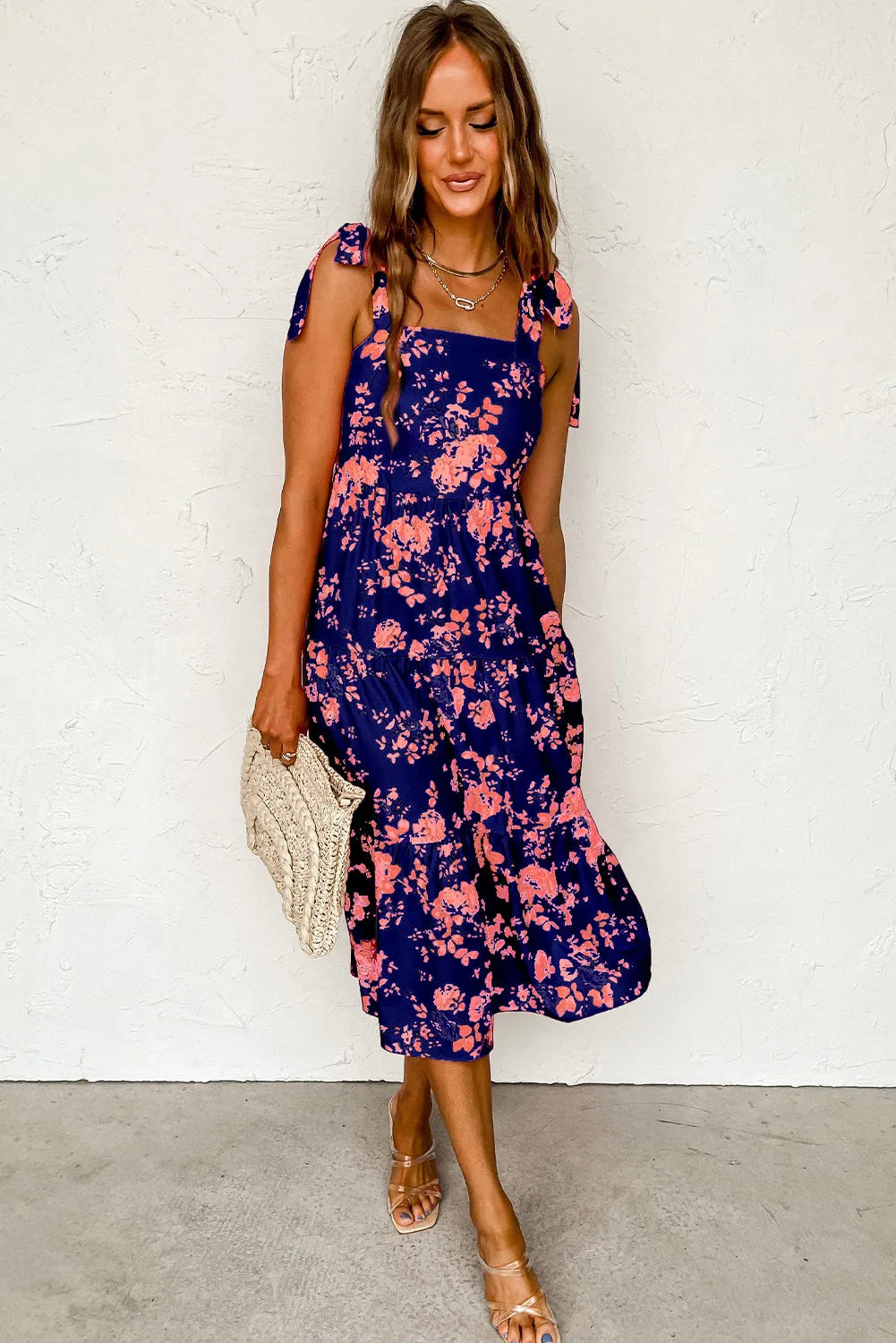 Blue Tie Shoulder Straps Tiered Floral Dress - Chic Meadow Boutique 