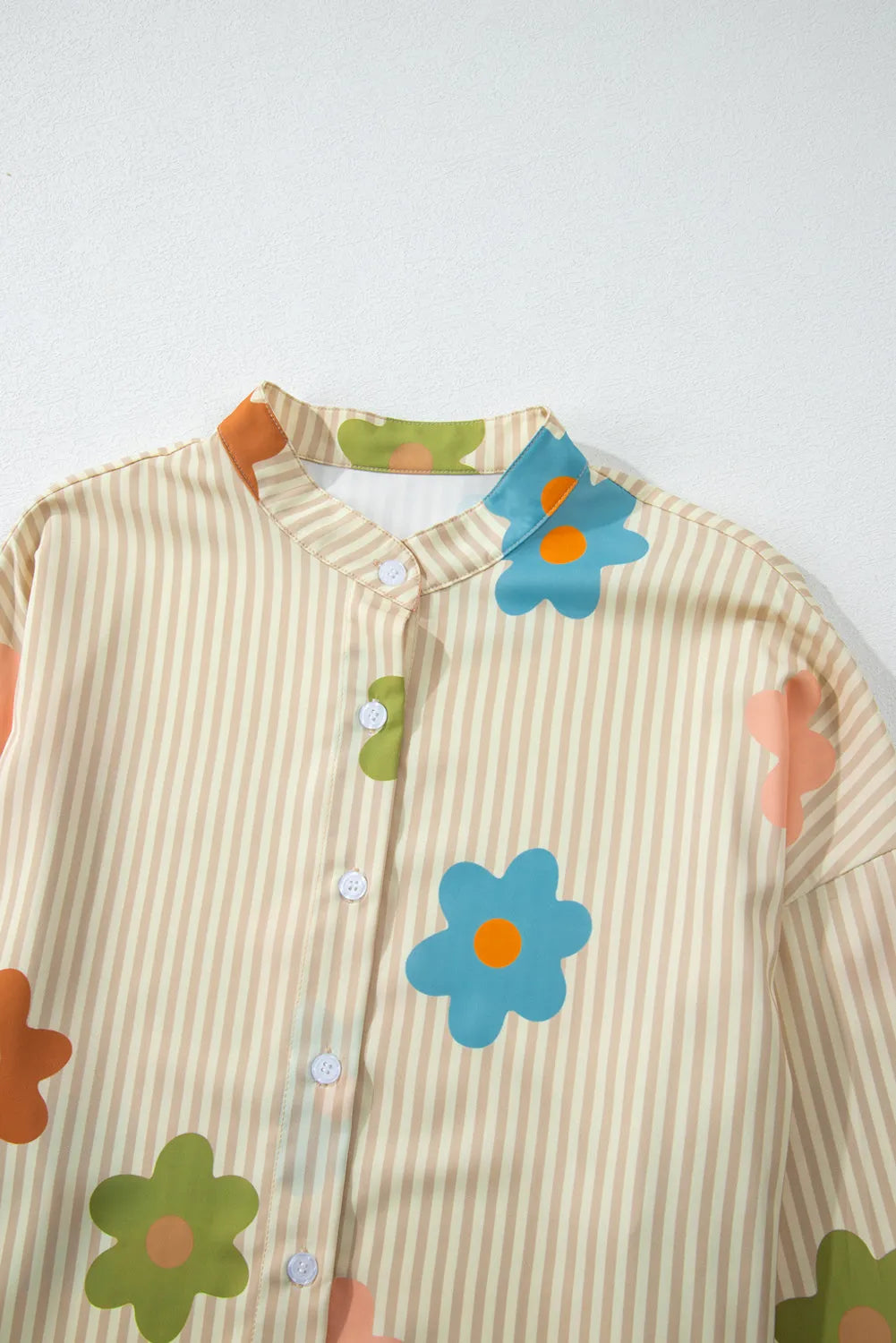 Apricot Stripe Flower Print Collared Button-up Loose Fit Shirt - Chic Meadow Boutique 