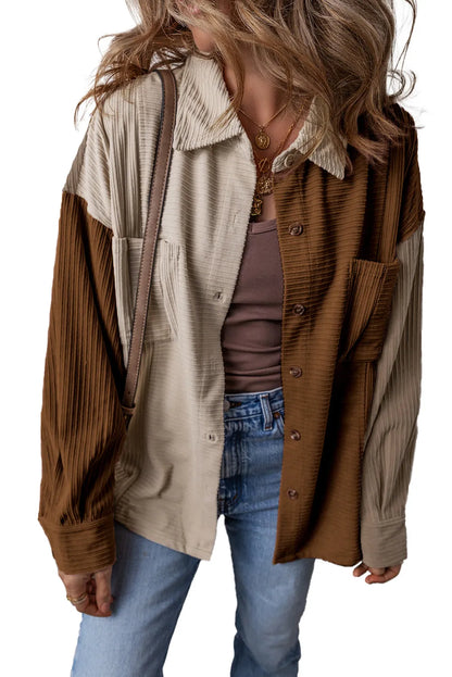 Brown Color Block Chest Pockets Buttoned Corduroy Shacket - Chic Meadow Boutique 