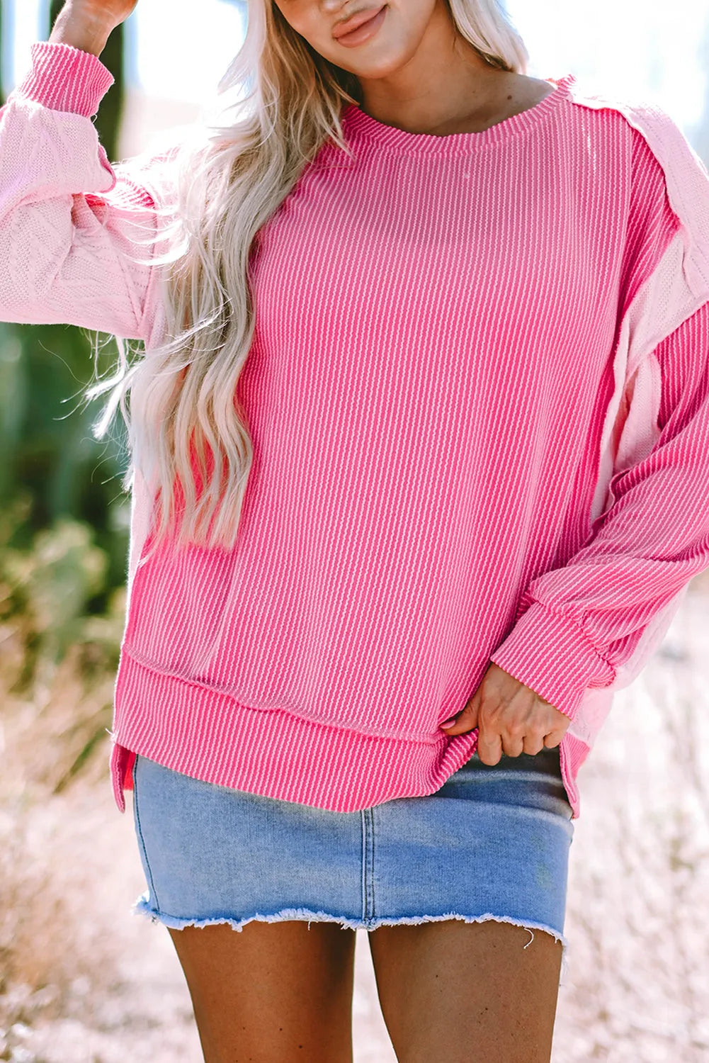 Bonbon Cable Knit Colorblock Exposed Seam Sweatshirt - Chic Meadow Boutique 