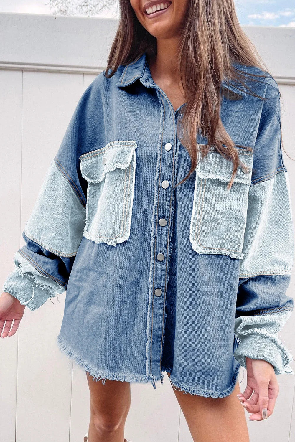 Blue Color Block Frayed Patchwork Oversize Denim Jacket - Chic Meadow Boutique 