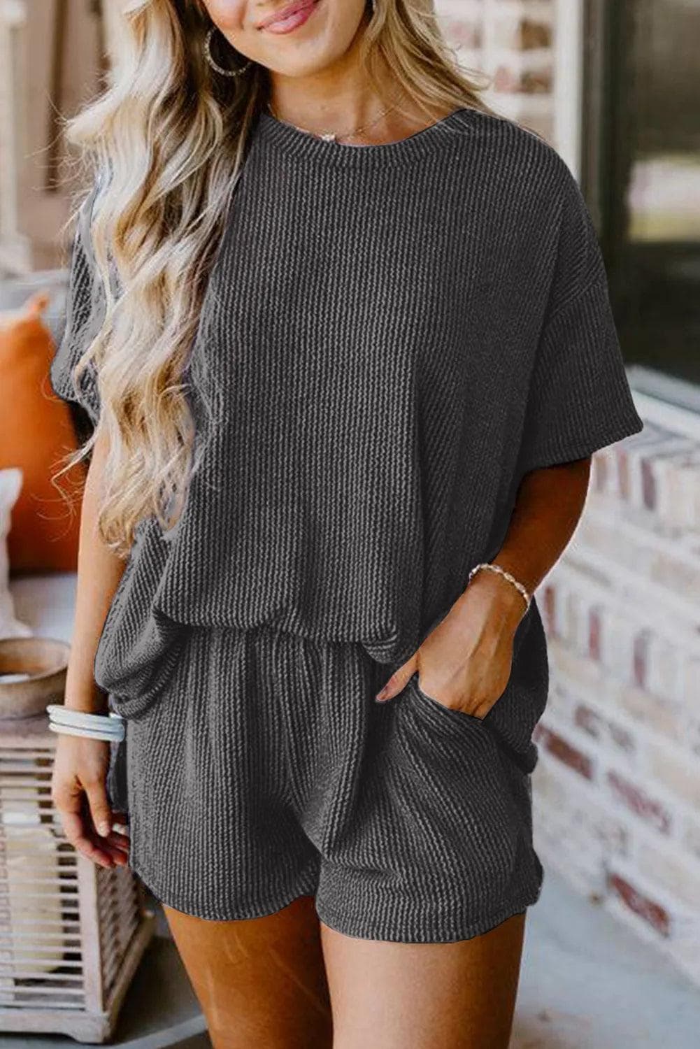 Carbon Grey Ribbed Textured Knit Loose Fit Tee and Shorts Set - Chic Meadow Boutique 