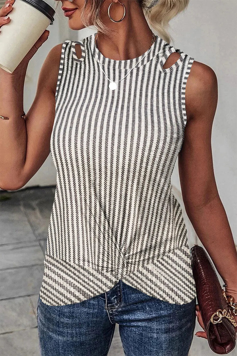 Gray Striped Cutout Twist Front Tank Top - Chic Meadow Boutique 