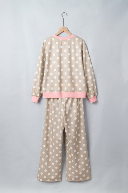 Khaki Polka Dot Contrast Trim Long Sleeve Top Drawstring Shift Pants Set