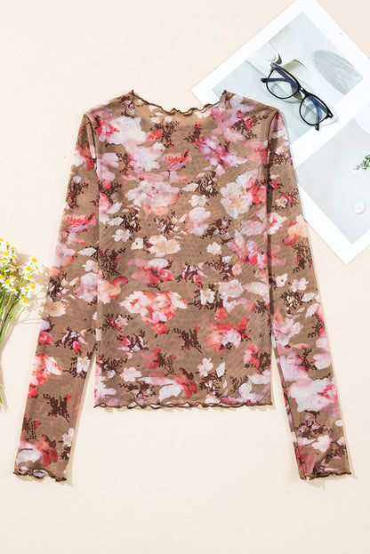 Red Floral Print Sheer Mesh Long Sleeve Top