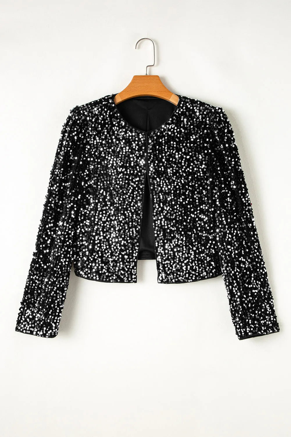 Black Sequined Open Front Cropped Jacket - Chic Meadow Boutique 