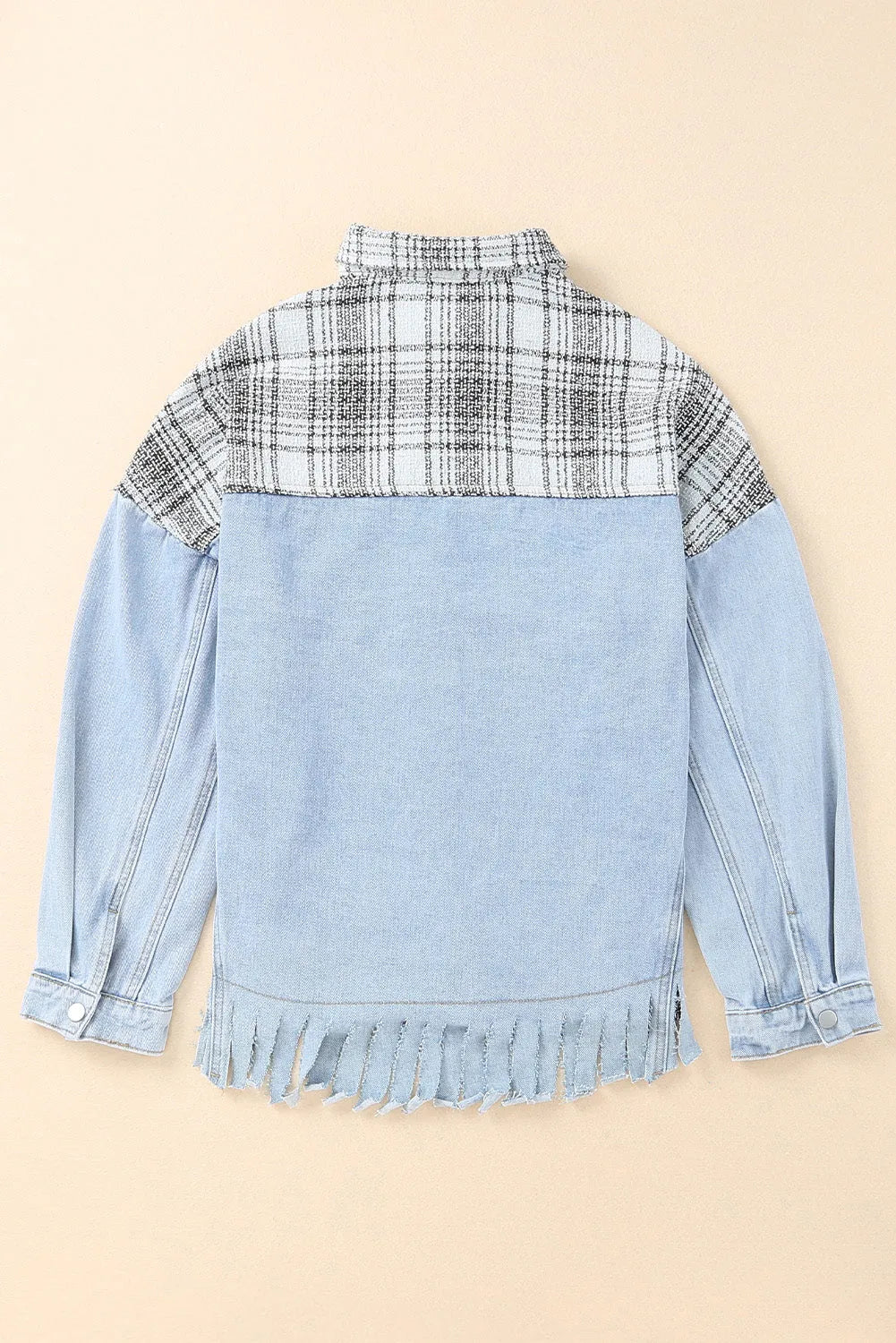 Sky Blue Plaid Patchwork Fringed Flap Pockets Denim Jacket - Chic Meadow Boutique 