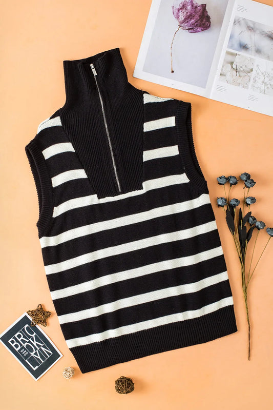 Black Stripe Zipped Collar Knit Sweater Tank - Chic Meadow Boutique 