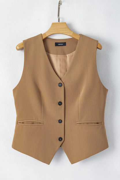 Chestnut Solid Color Button up V Neck Suit Vest - Chic Meadow Boutique 