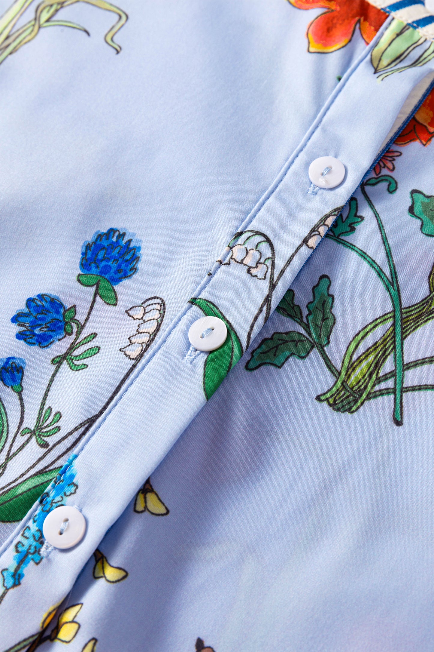 Sky Blue Floral Striped Patchwork Ruffled Collar Short Sleeve Shirt