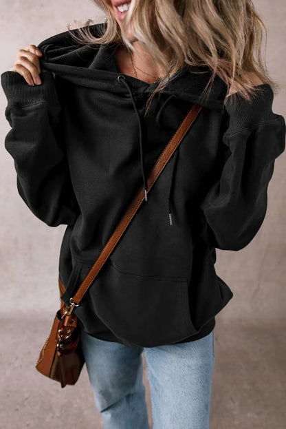 Black Fleece Lined Kangaroo Pocket Drawstring Chunky Hoodie - Chic Meadow Boutique 