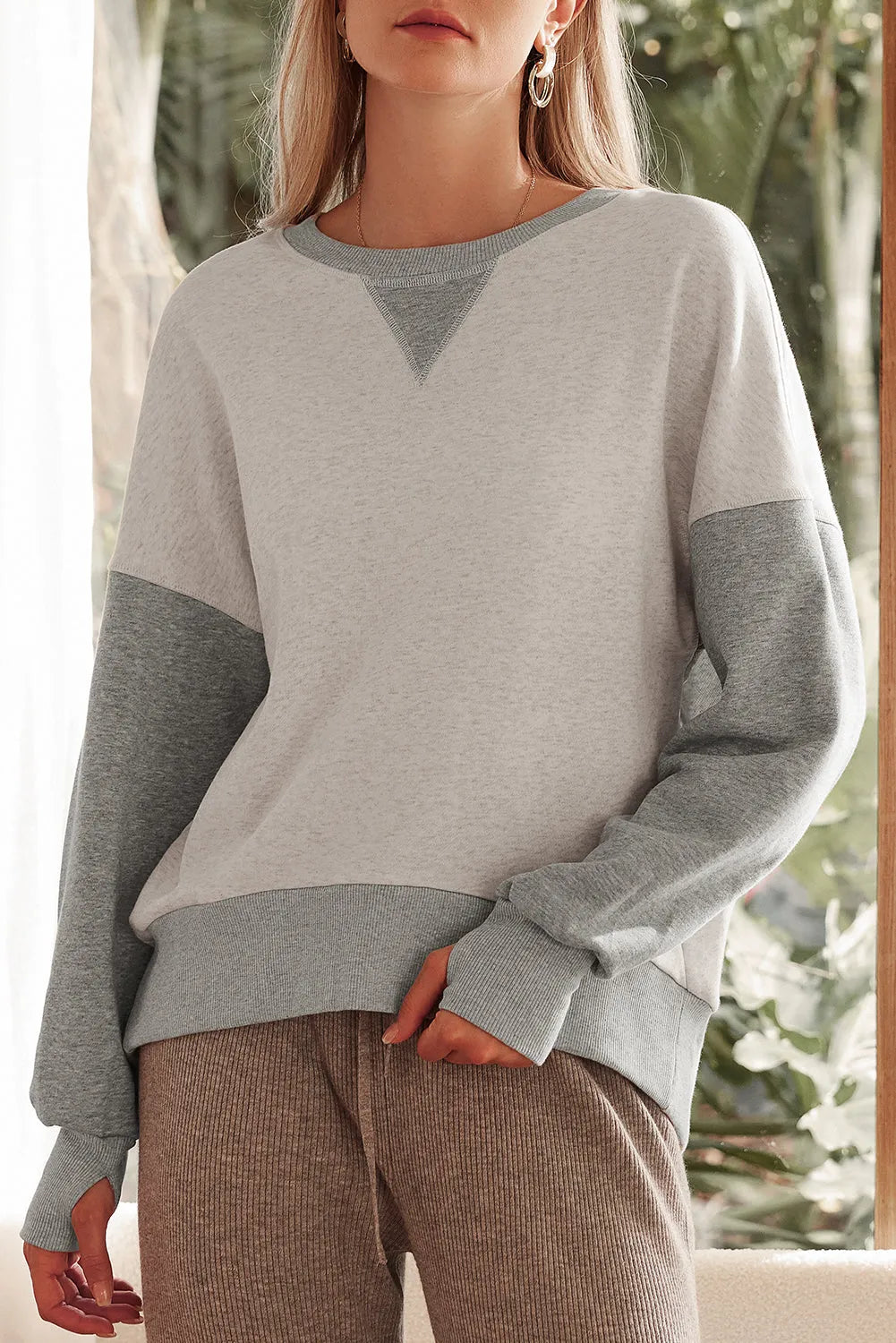 Light Grey Color Block Thumbhole Sleeve Drop Shoulder Sweatshirt - Chic Meadow Boutique 