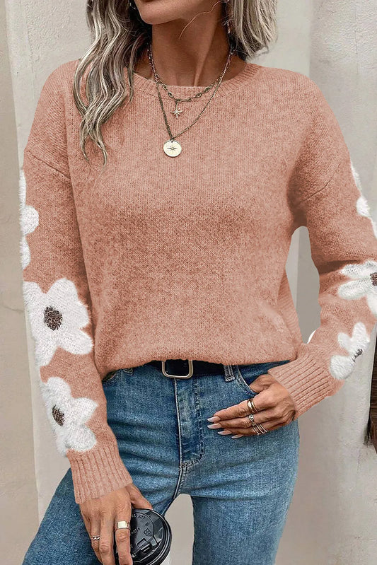 Light Pink Flower Sleeve Drop Shoulder Sweater - Chic Meadow Boutique 