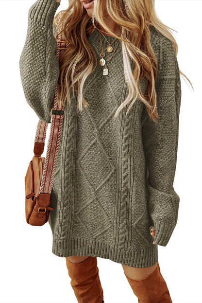 Mist Green Cable Knit Drop Shoulder Loose Fit Sweater Dress - Chic Meadow Boutique 