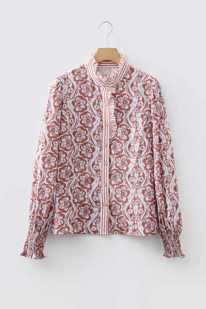 Floral Print Frilled Striped Trim Button Down Smocked Cuffs Long Sleeve Shirt