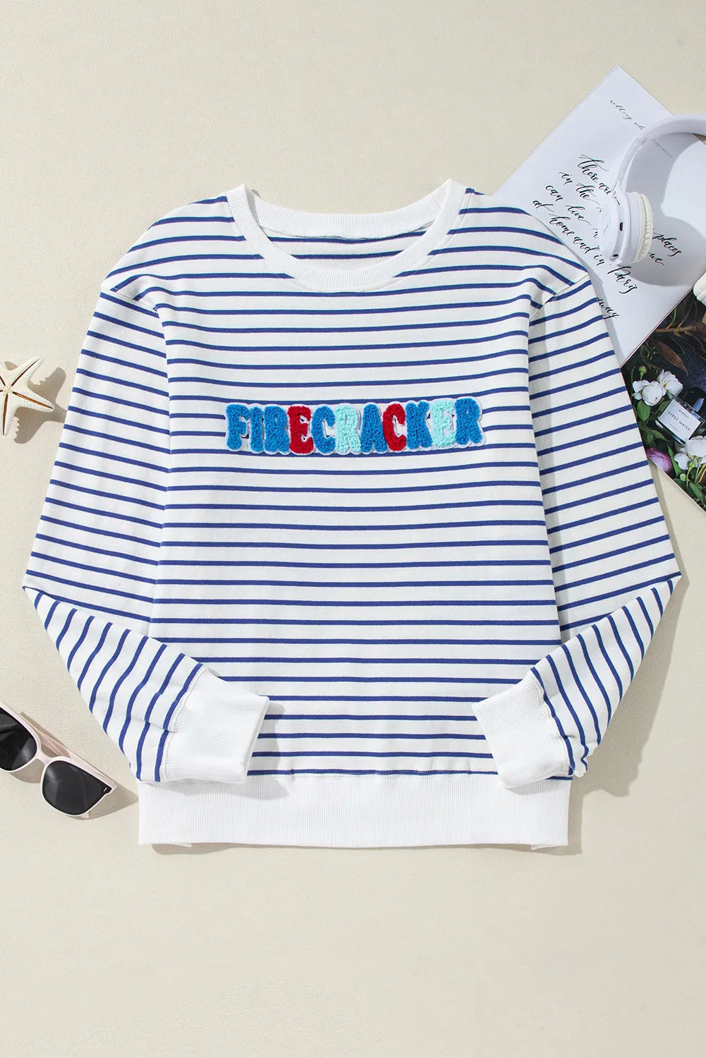 Blue Stripe Chenille FIRECRACKER Embroidered Sweatshirt - Chic Meadow Boutique 