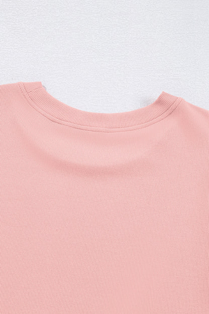 Light Pink Ribbed Pearl Beaded Puff Sleeve Top
