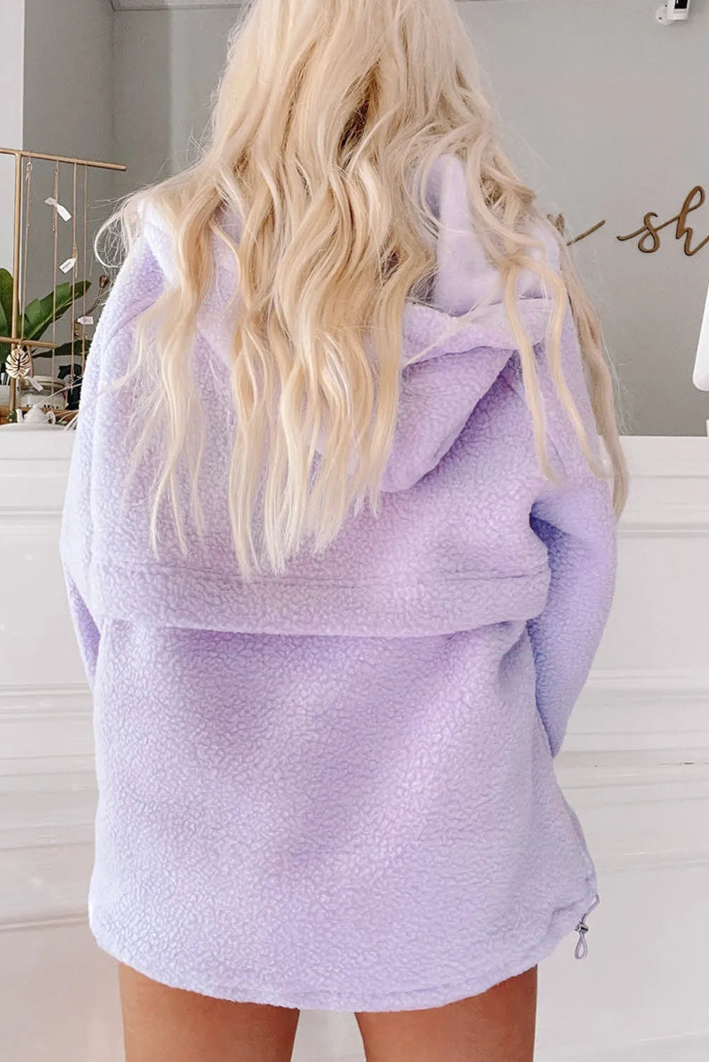 Lavendula Zipped Patch Pocket Fuzzy Drawstring Hoodie - Chic Meadow Boutique 