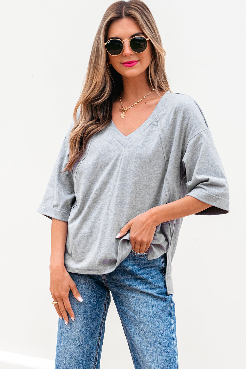 High Raglan Half Sleeve V Neck Oversized T Shirt
