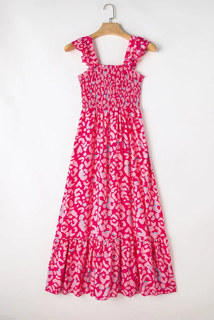 Pink Leopard Ruffle Straps Smocked High Waist Long Dress - Chic Meadow Boutique 