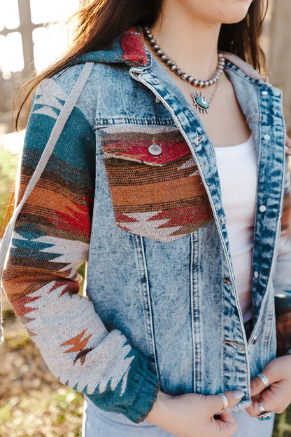 Multicolor Aztec Print Frayed Hem Denim Jacket - Chic Meadow Boutique 