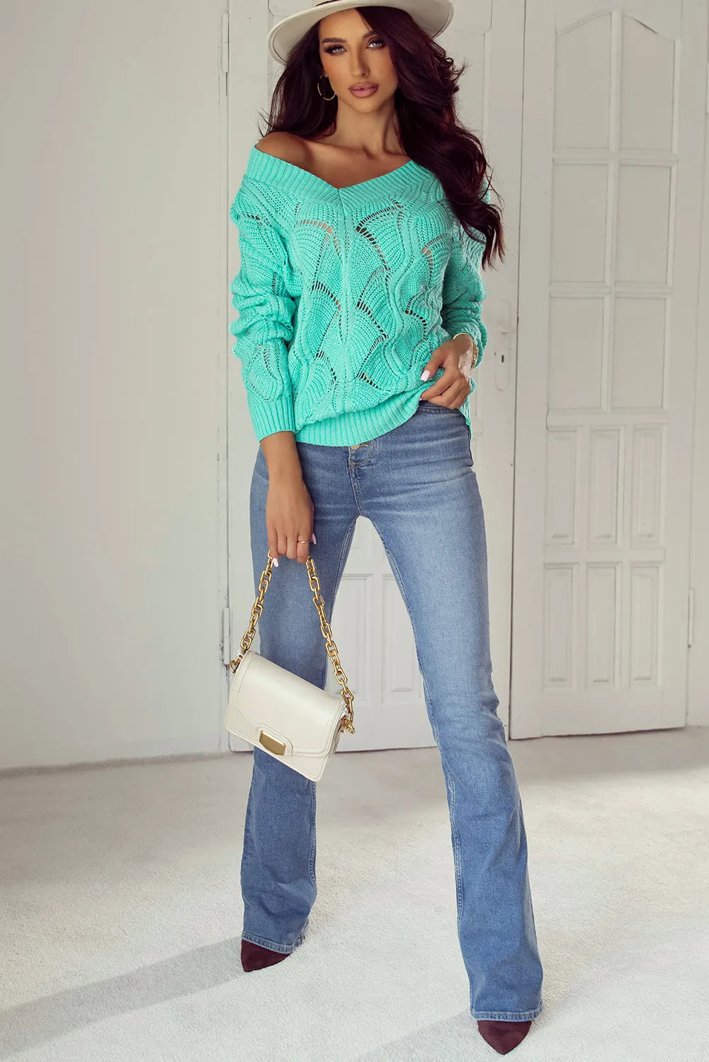 Mint Green Hollow Out Knit V Neck Drop Shoulder Sweater - Chic Meadow Boutique 