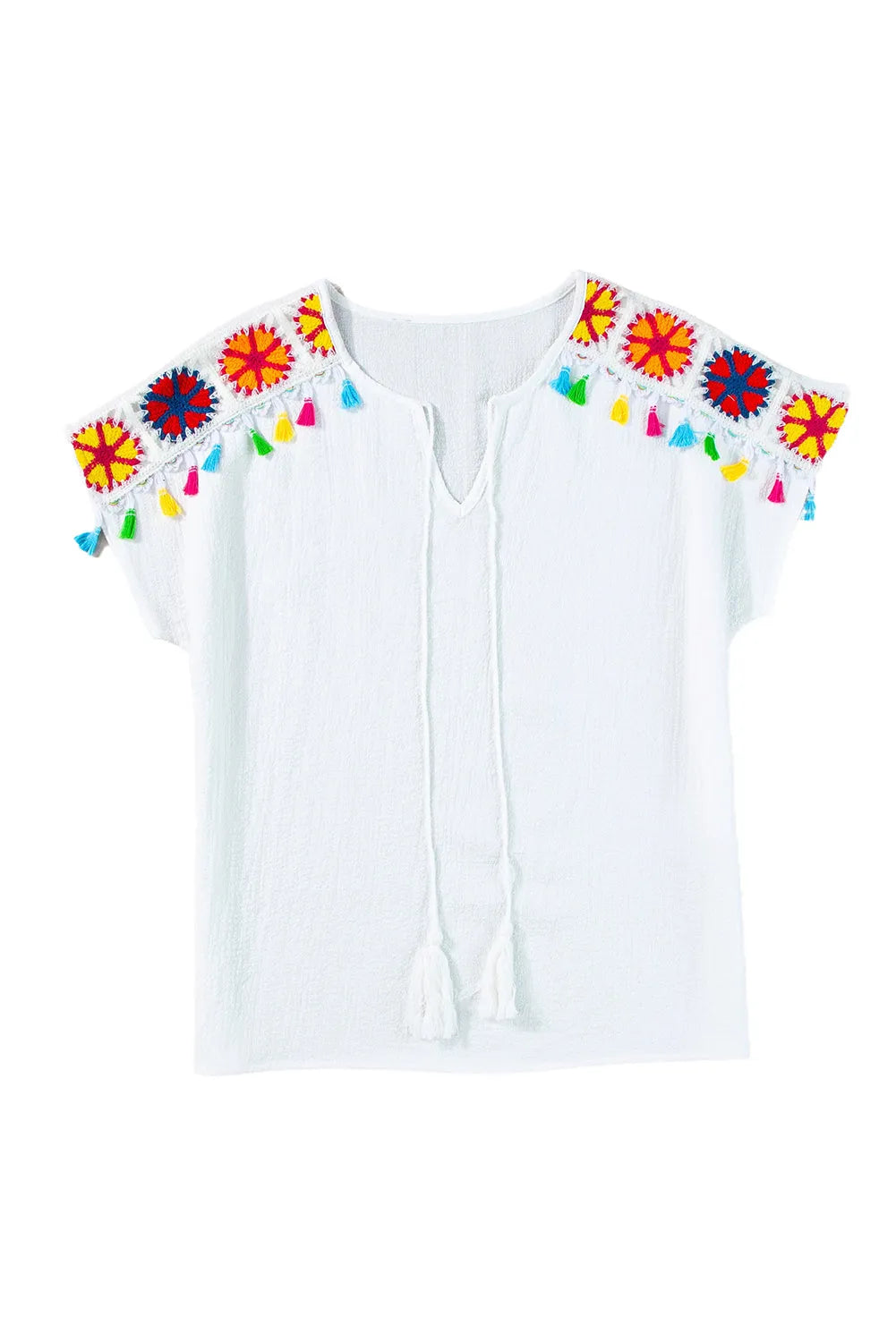 White Knit Crochet Patchwork Textured Fringed V Neck Blouse - Chic Meadow Boutique 