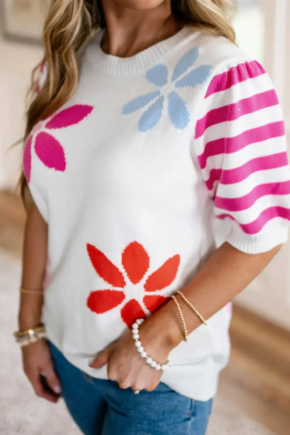 White Floral Pattern Striped Sleeve Sweater T Shirt - Chic Meadow Boutique 