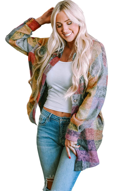 Multicolor Brushed Plaid Pocketed Oversize Shacket - Chic Meadow Boutique 