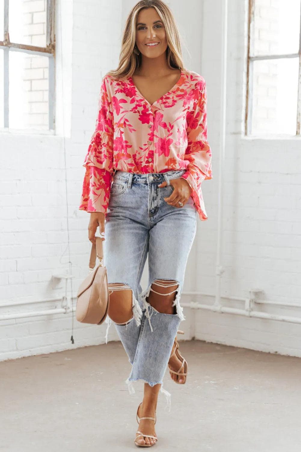 Tops/Bodysuits Pink Floral Print Tiered Bell Long Sleeve Buttoned Bodysuit