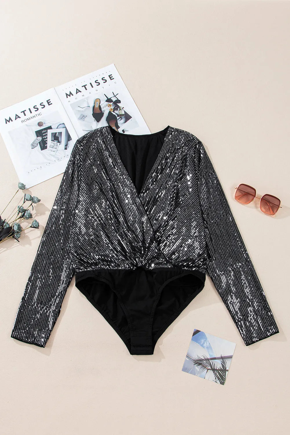 Black Sequin Mesh Long Sleeve Surplice Neck Bodysuit - Chic Meadow Boutique 