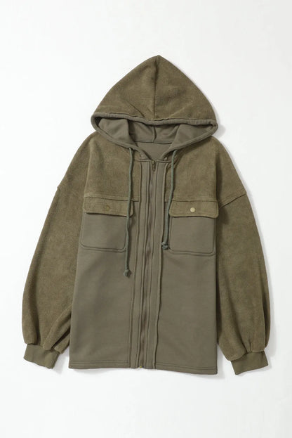 Outerwear/Jackets Green Flap Pocket Drawstring Hood Zip Up Jacket