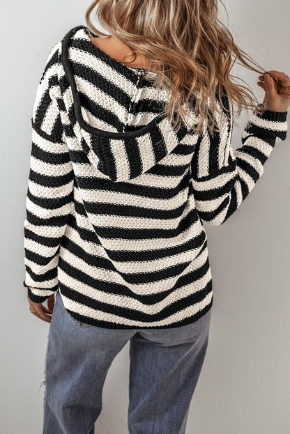 Sweaters & Cardigans/Sweaters White Stripe V Neck Pocketed Drawstring Hooded Sweater