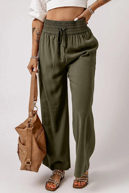 Bottoms/Pants & Culotte Green Brown Drawstring Elastic Waist Casual Wide Leg Pants