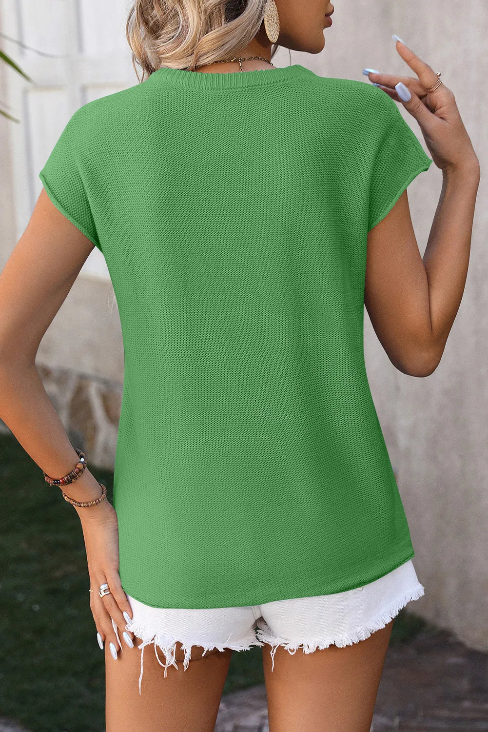 Dark Green Cap Sleeve Round Neck Knitted Sweater Tee - Chic Meadow Boutique 