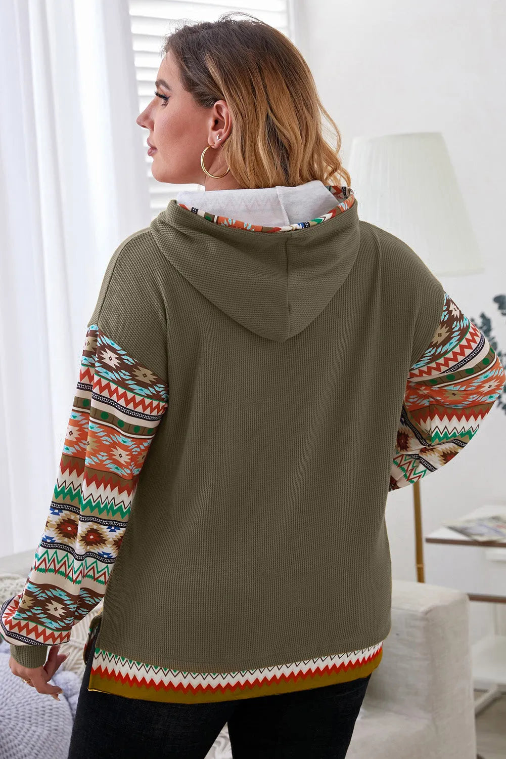 Jungle Green Aztec Patchwork Sleeve Waffle Drawstring Plus Hoodie - Chic Meadow Boutique 