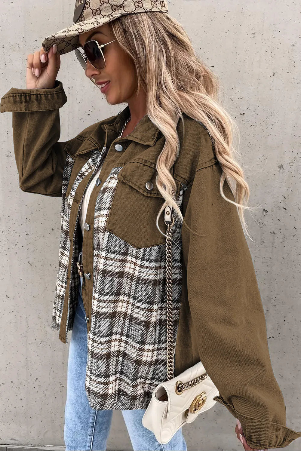 Brown Plaid Patchwork Pockets Denim Jacket - Chic Meadow Boutique 