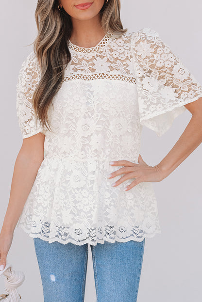 White Short Sleeve Scalloped Floral Lace Peplum Blouse