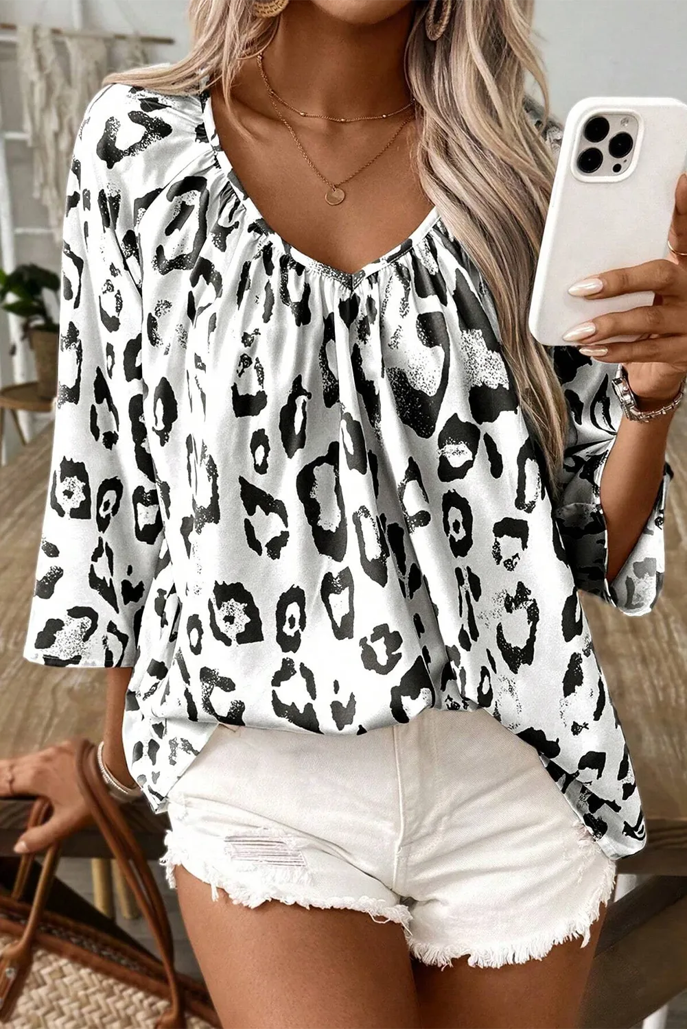 Black Leopard Print Ruched V Neck 3/4 Sleeve Blouse - Chic Meadow Boutique 