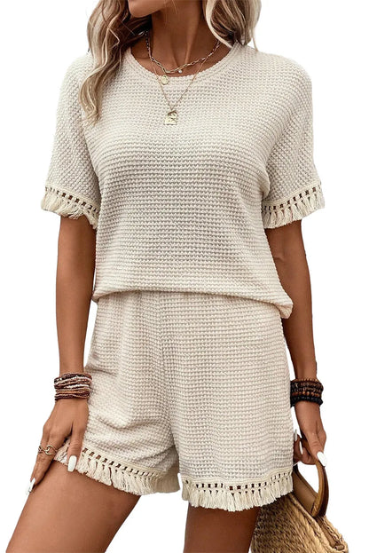 Beige Fringe Trim Textured Short Two Piece Set - Chic Meadow Boutique 