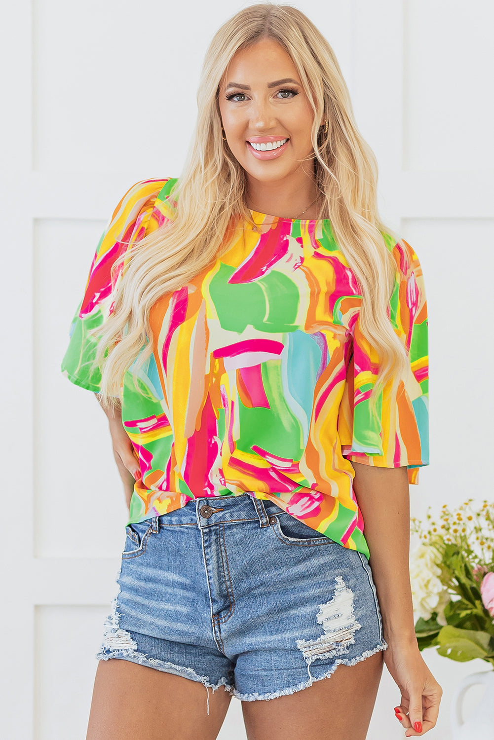 Multicolour Abstract Print Keyhole Back Pleated Half Sleeve Blouse