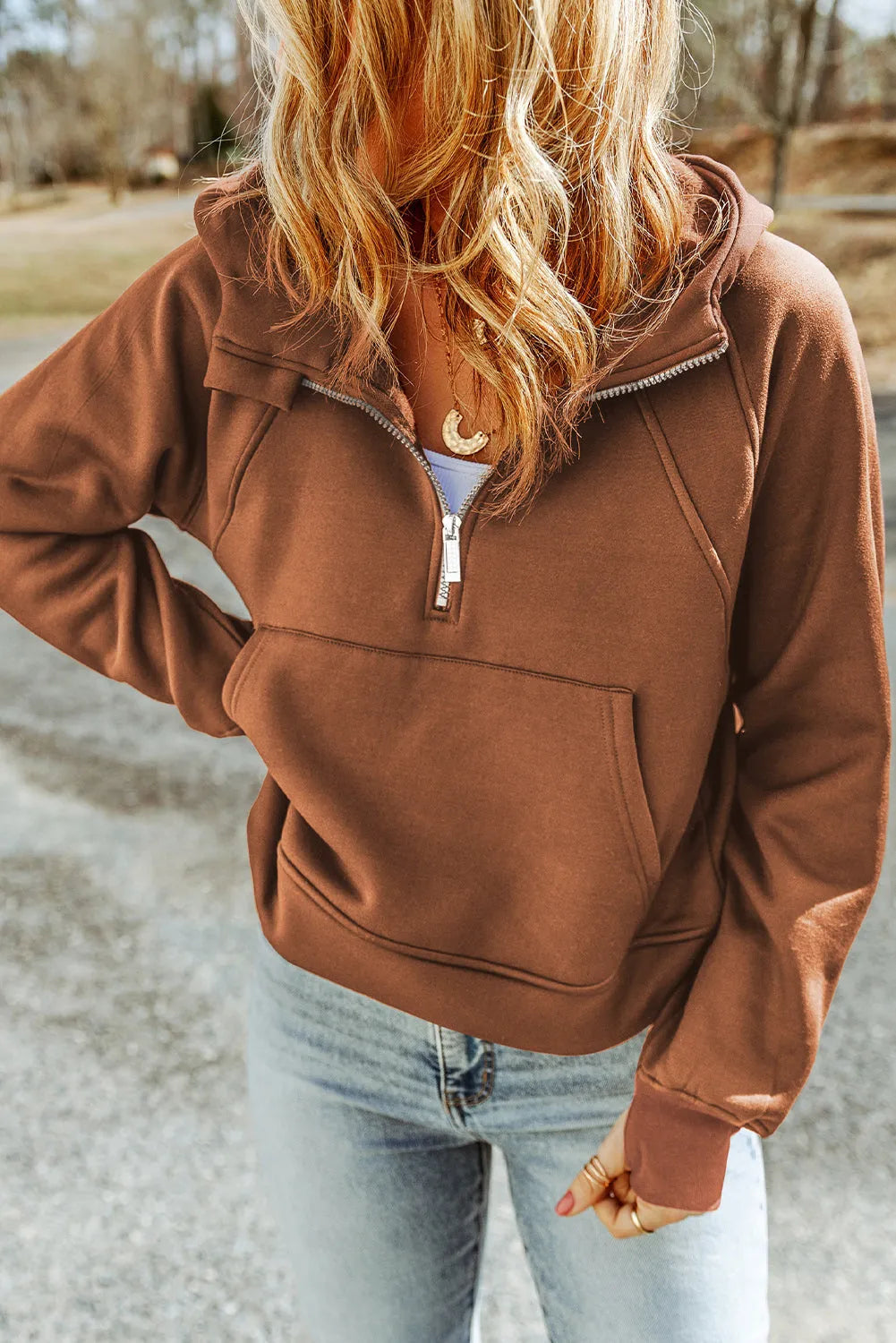 Brown Quarter Zip Kangaroo Pocket Hoodie - Chic Meadow Boutique 