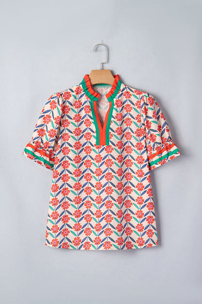 Red Floral Print Striped Detail V Neck Ruffled Short Sleeve Blouse