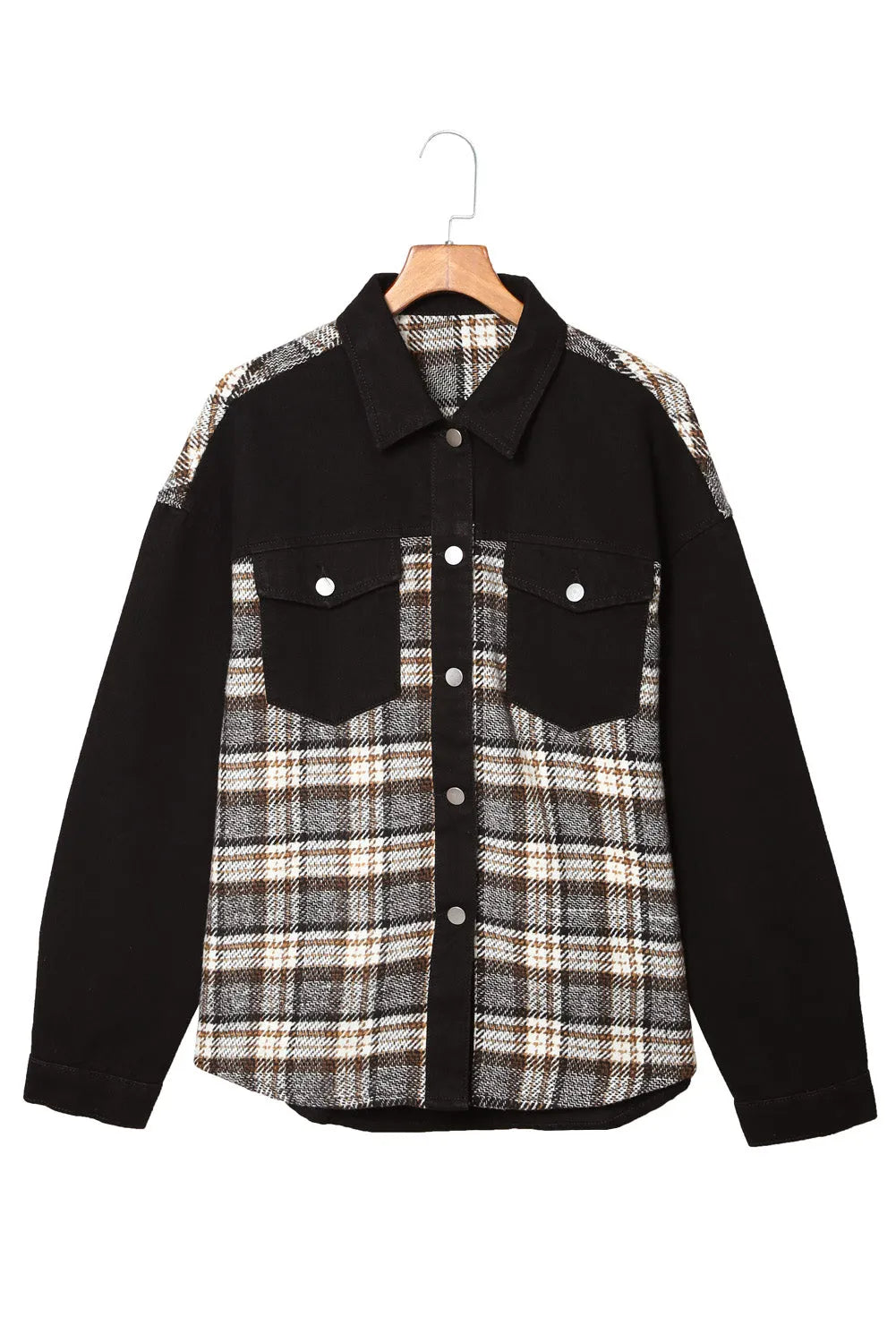 Black Plaid Patchwork Raw Hem Denim Jacket - Chic Meadow Boutique 