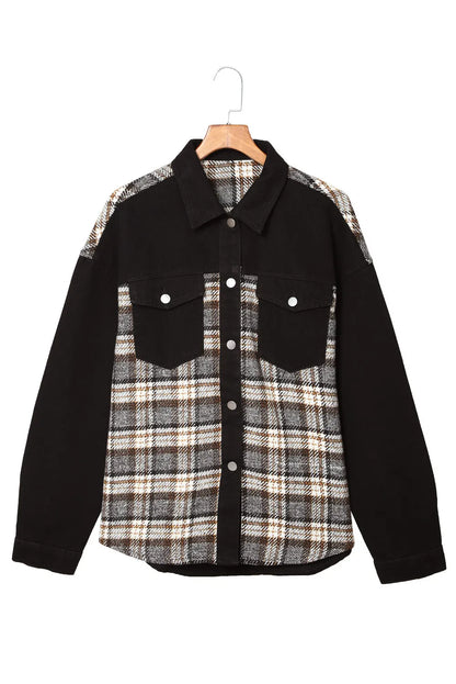 Black Plaid Patchwork Raw Hem Denim Jacket - Chic Meadow Boutique 