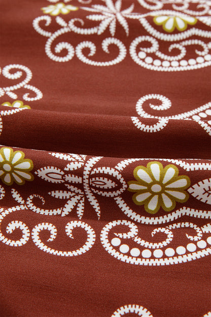 Brown Floral Print Belted Striped Trim Tiered Maxi Dress
