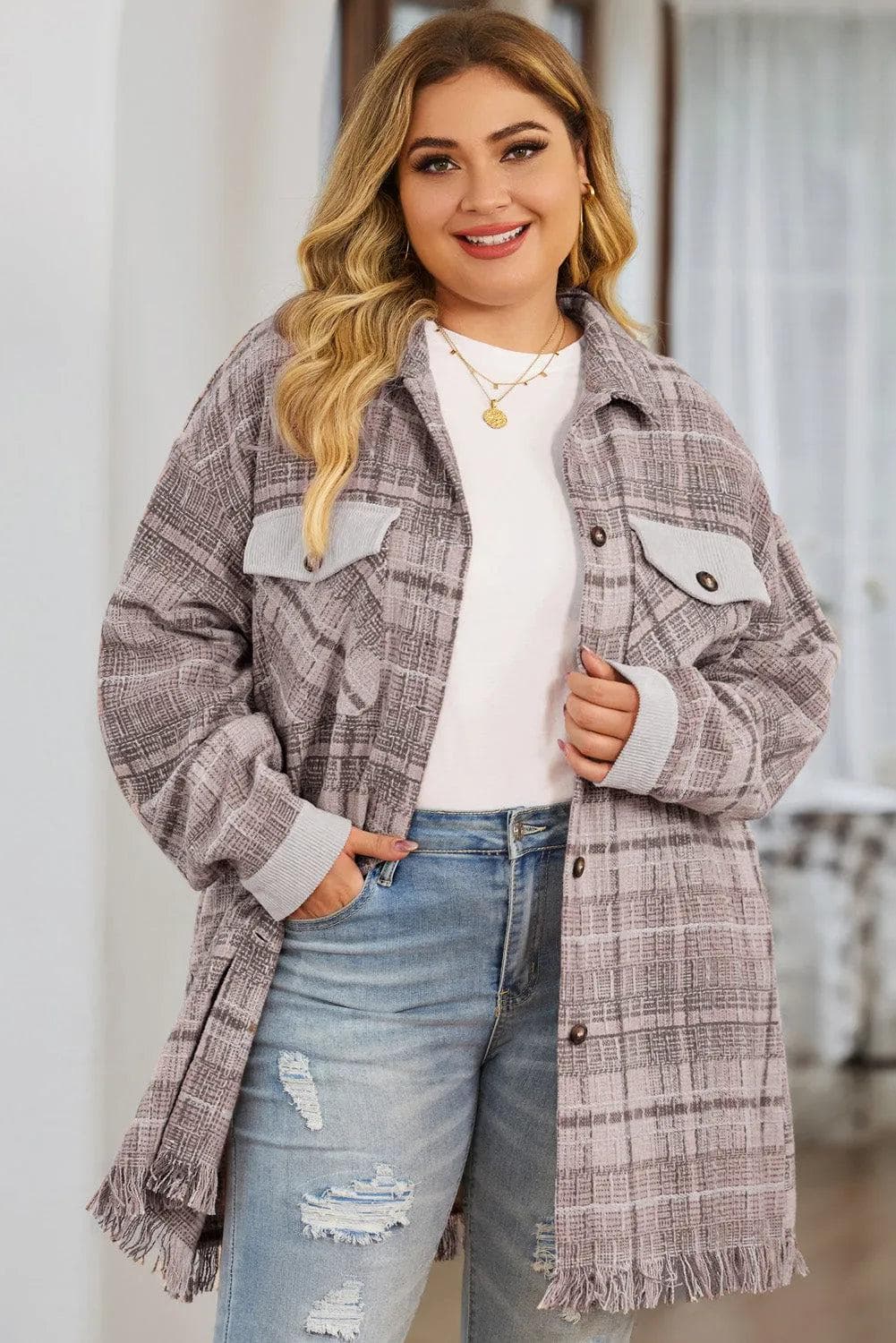 Plus Size/Plus Size Outerwear Pink / 1X / 100%Polyester Pink Plus Size Macrame Plaid Coat